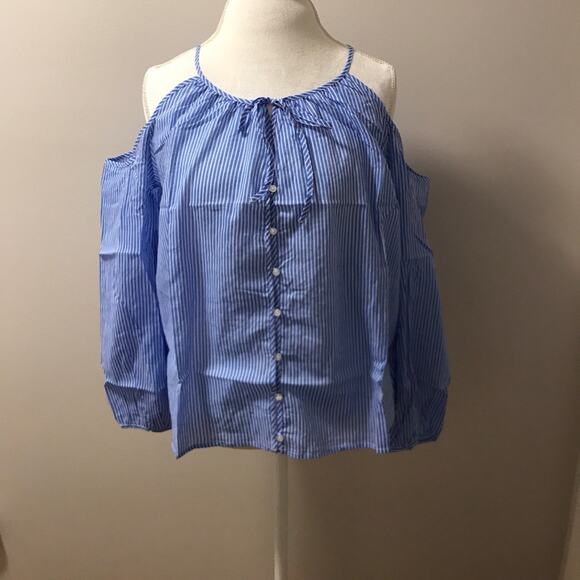 Cold Shoulder Top Blue Striped Button Down Blouse - Picture 2 of 8